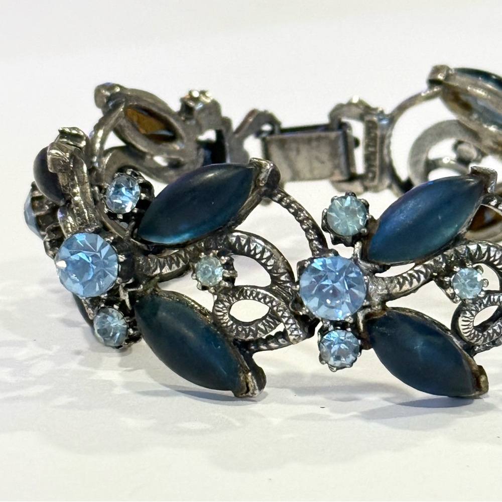 Vintage Florenza Blue Rhinestone Navette Marquise Bracelet Silver Tone Statement - Picture 5 of 16